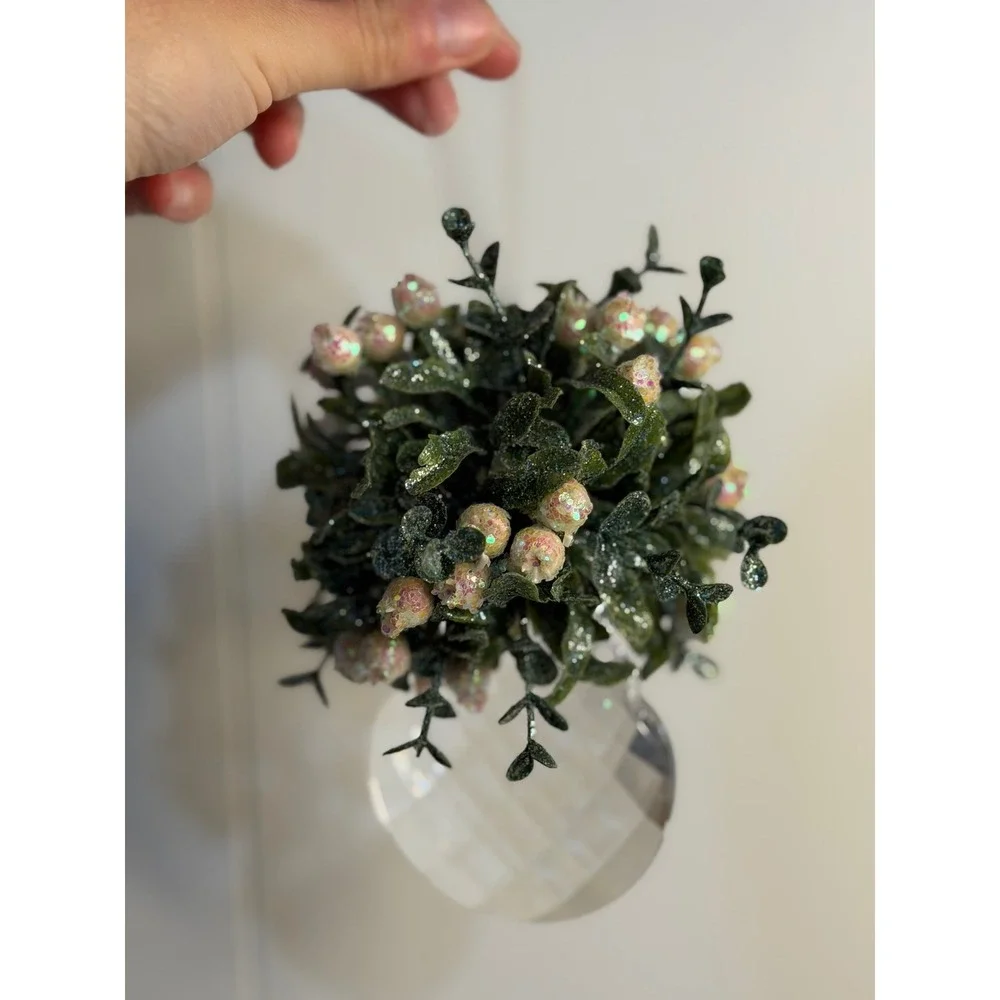 VTG‎ Crystal Mistletoe Ornament Green White Iridescent Glitter Christmas Decor